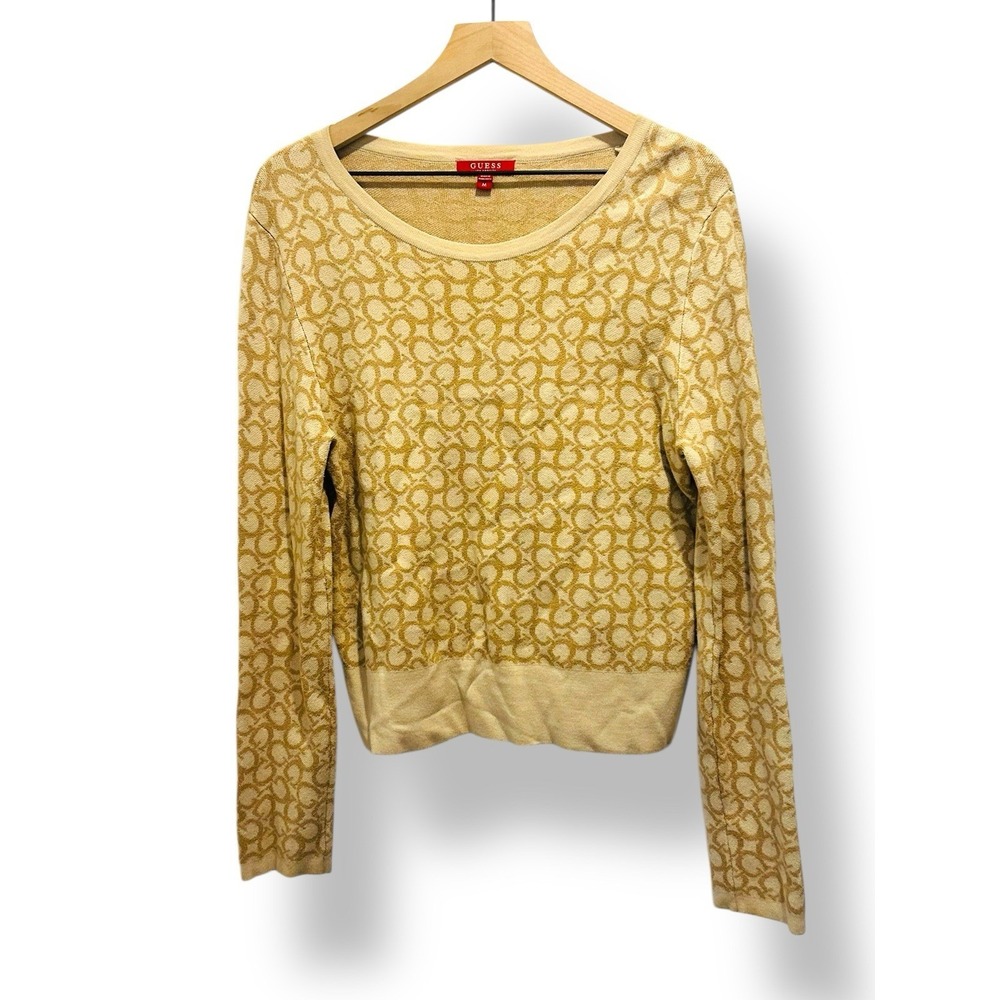 Guess Tan Logo Knit Sweater Womens Medium‎ Crewneck Monogram Pullover Preppy